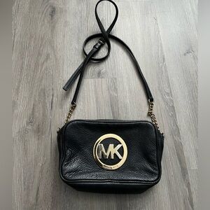 Michael Kors Black Textured Crossbody Leather Bag with Gold Emblem